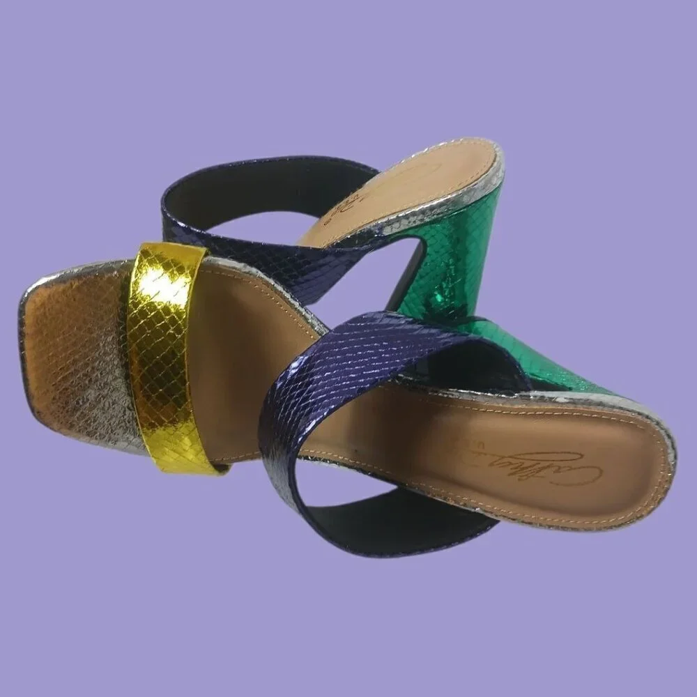 Cathy Din Faux Snake Skin Print Sandals Womens Metallics Purple Gold  Sz 6.5